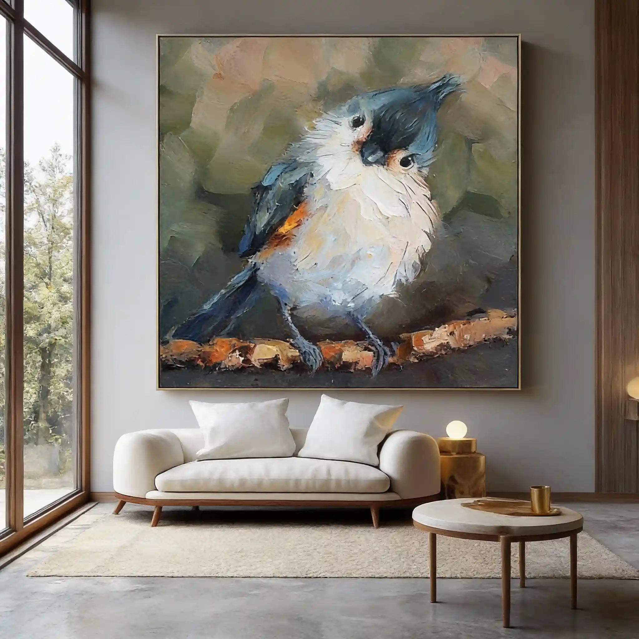 Blue & White Bird Textured Abstract Painting #AB008