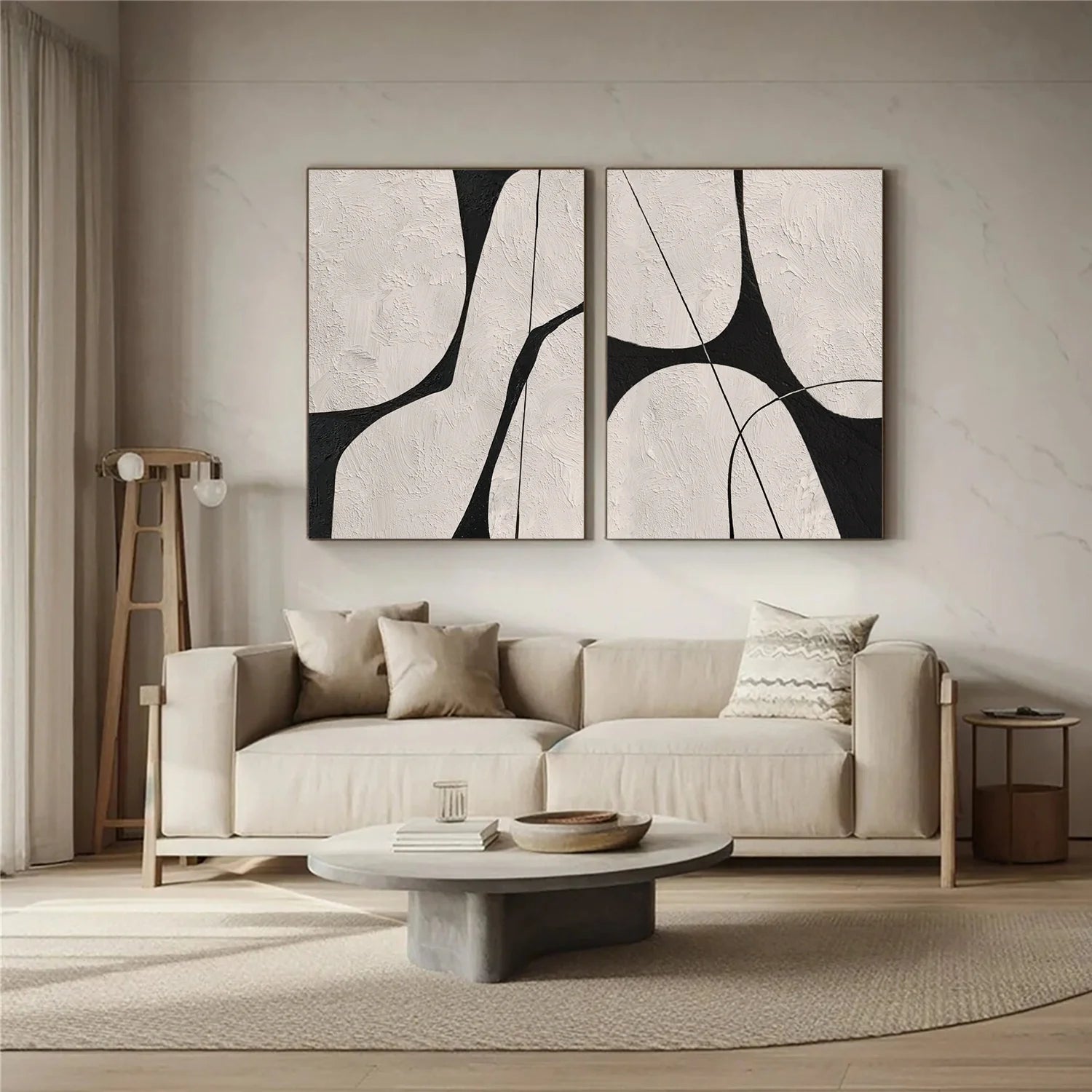 Beige & Black Abstract Textured Canvas Art Set of 2 #WS779