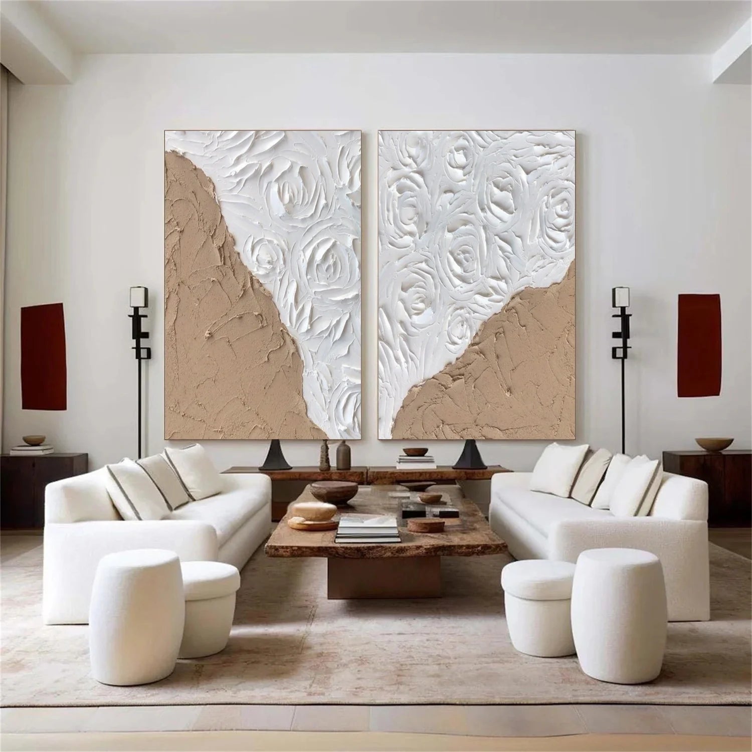 White and Brown Minimalist Textured Art Set of 2 #MM236