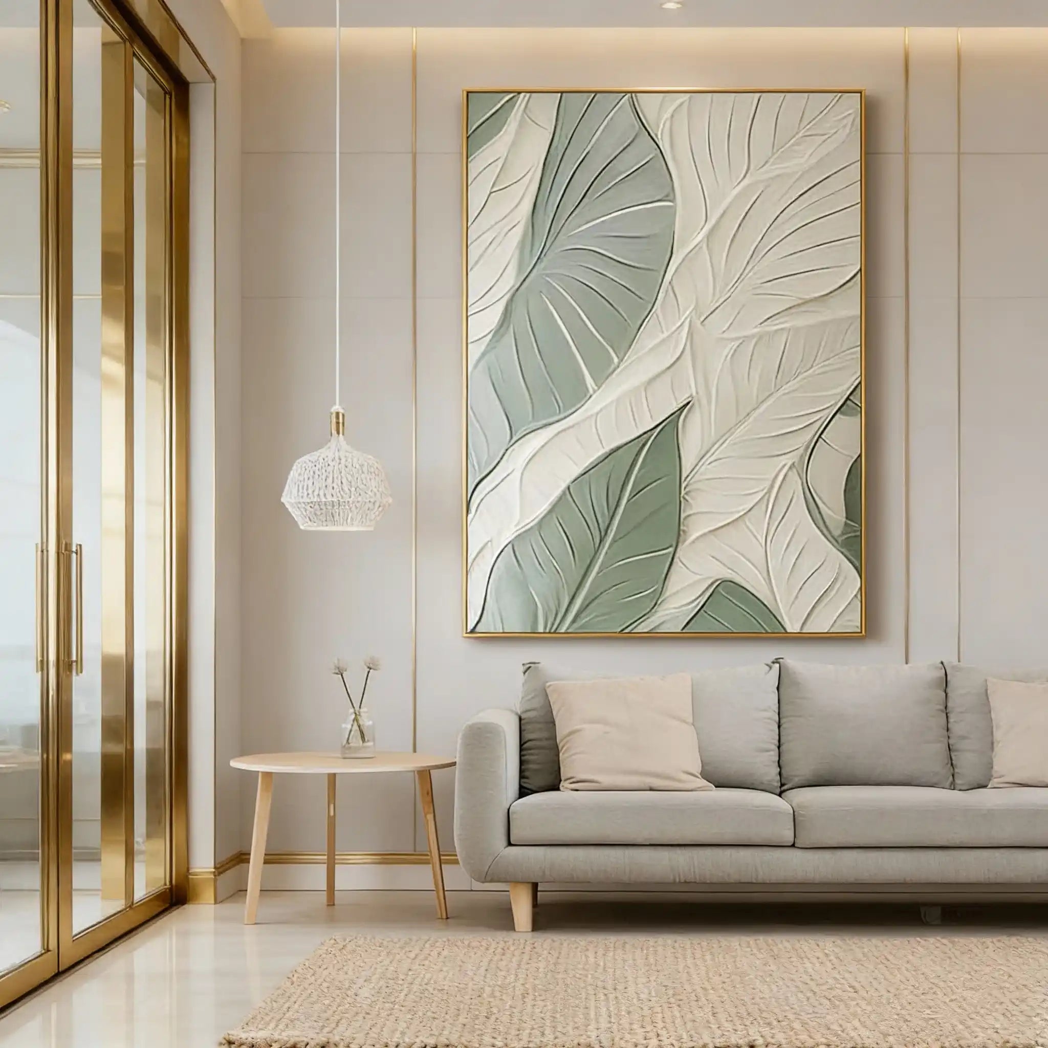 White & Green Plant Leaf Textured Painting TX015