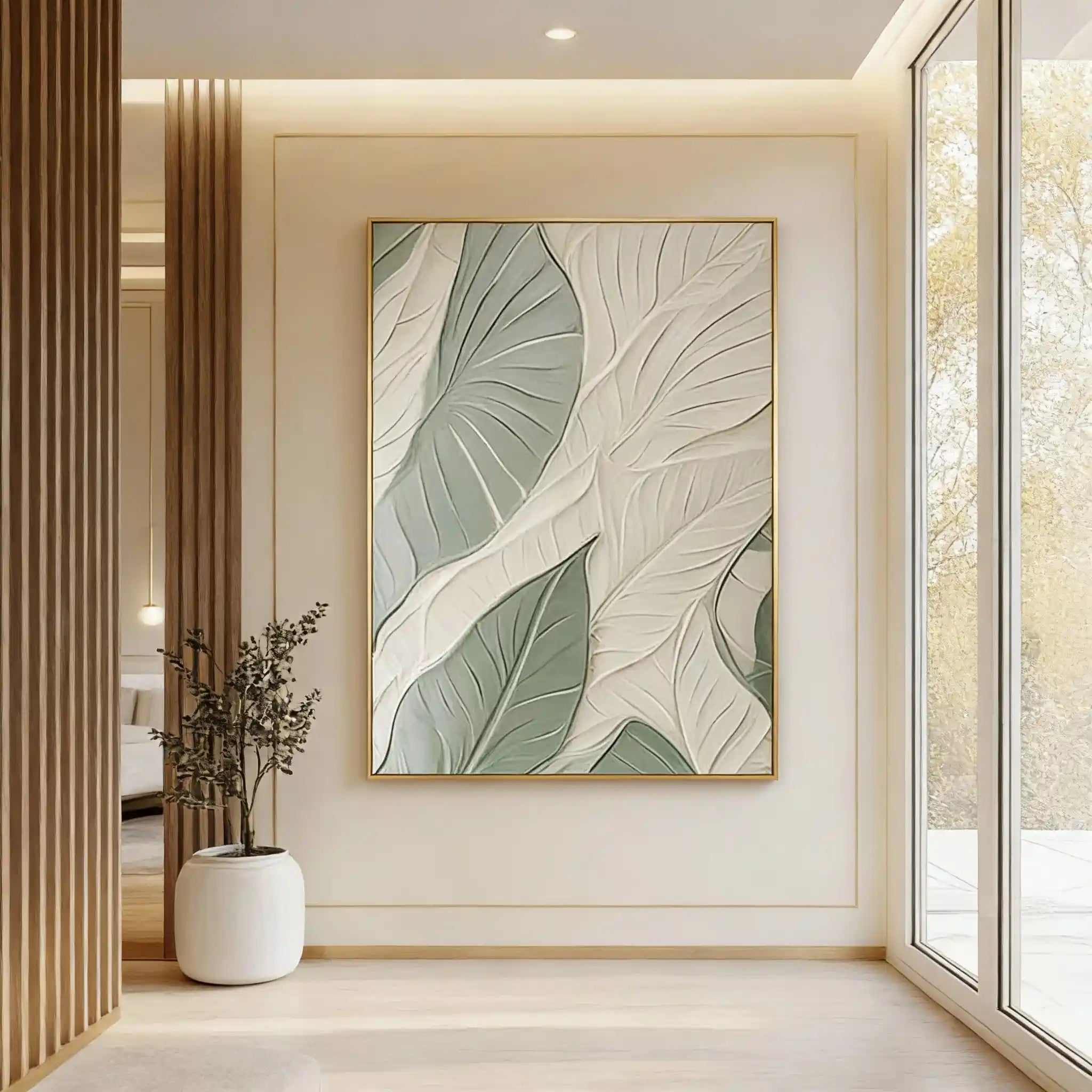 White & Green Plant Leaf Textured Painting TX015