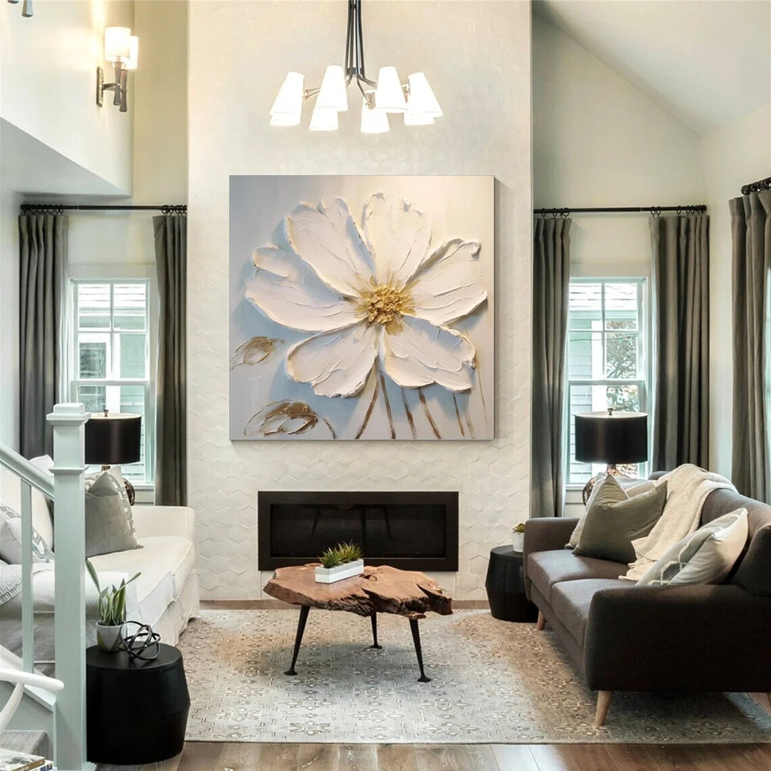 White Flower & Tree Abstract Textured Wall Art #ML136