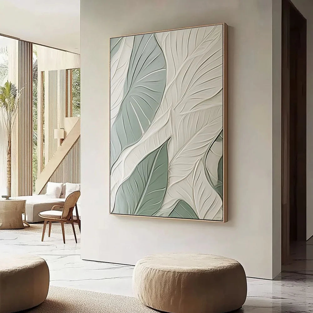 White & Green Plant Leaf Textured Painting TX015