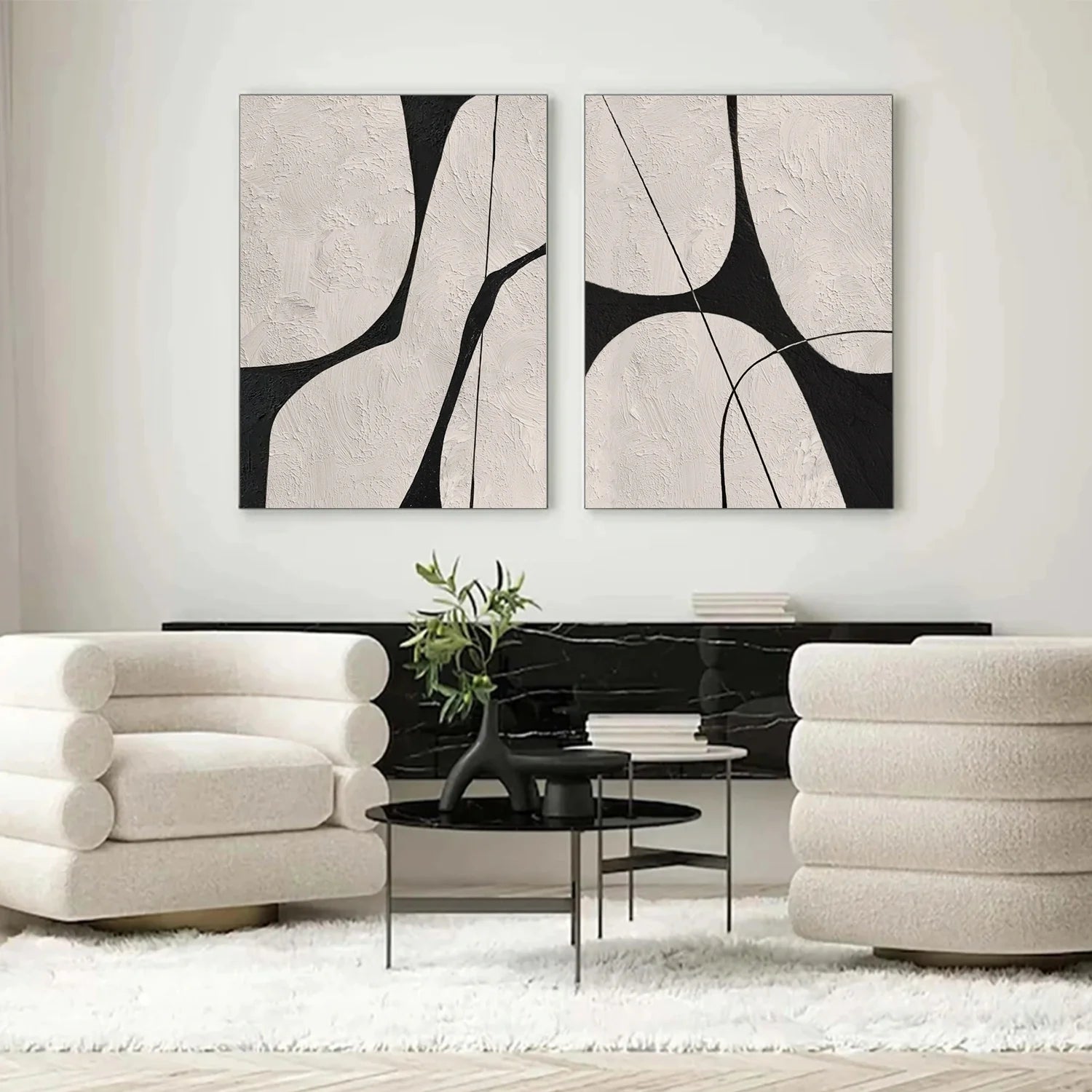 Beige & Black Abstract Textured Canvas Art Set of 2 #WS779