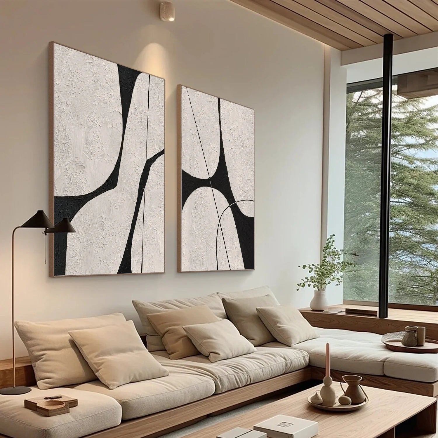 Beige & Black Abstract Textured Canvas Art Set of 2 #WS779