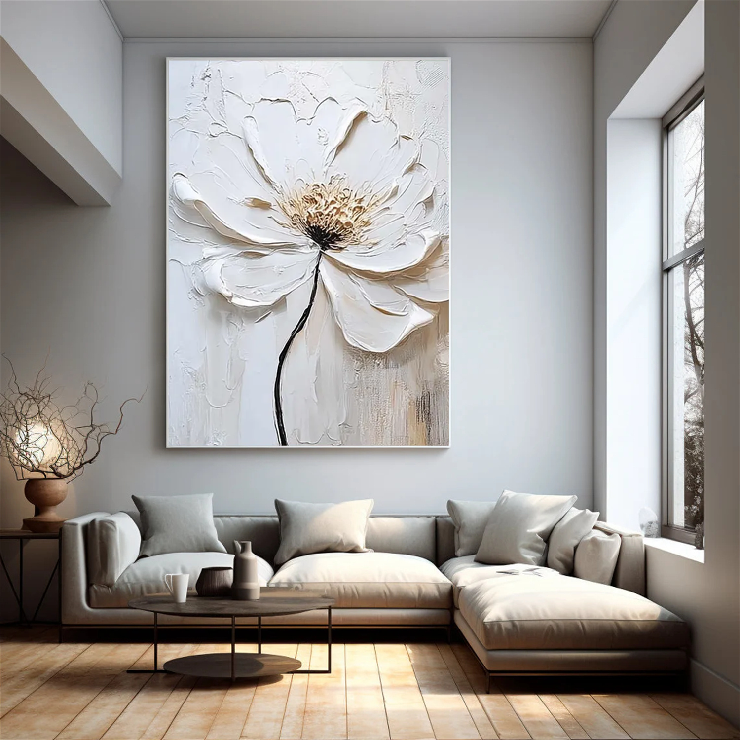 White Flower & Tree Abstract Textured Wall Art #ML129