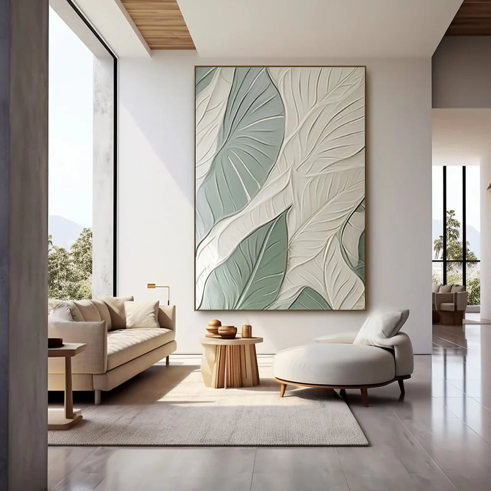 White & Green Plant Leaf Textured Painting TX015