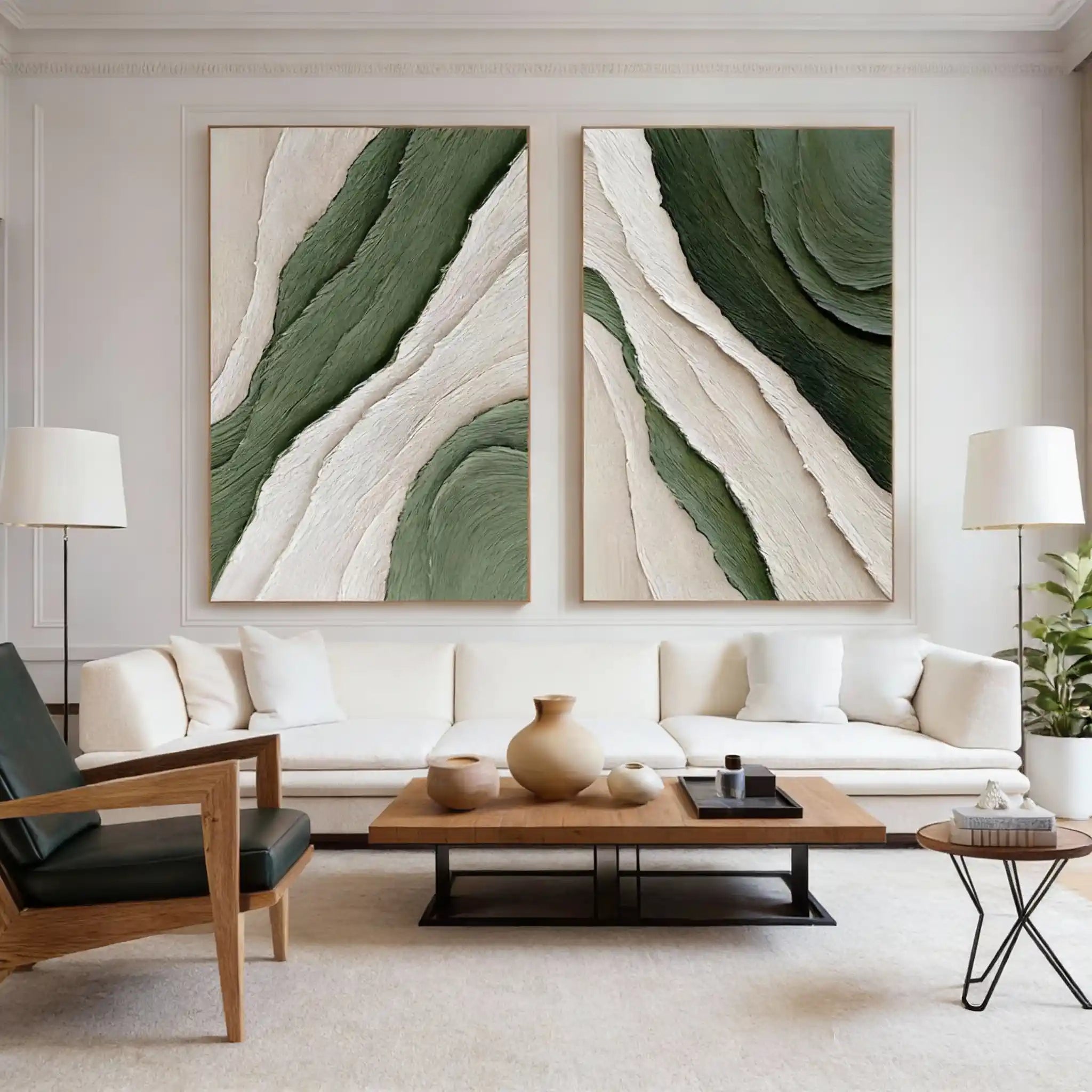 White & Green Minimalist Painting Set Of 2 #BGS 002