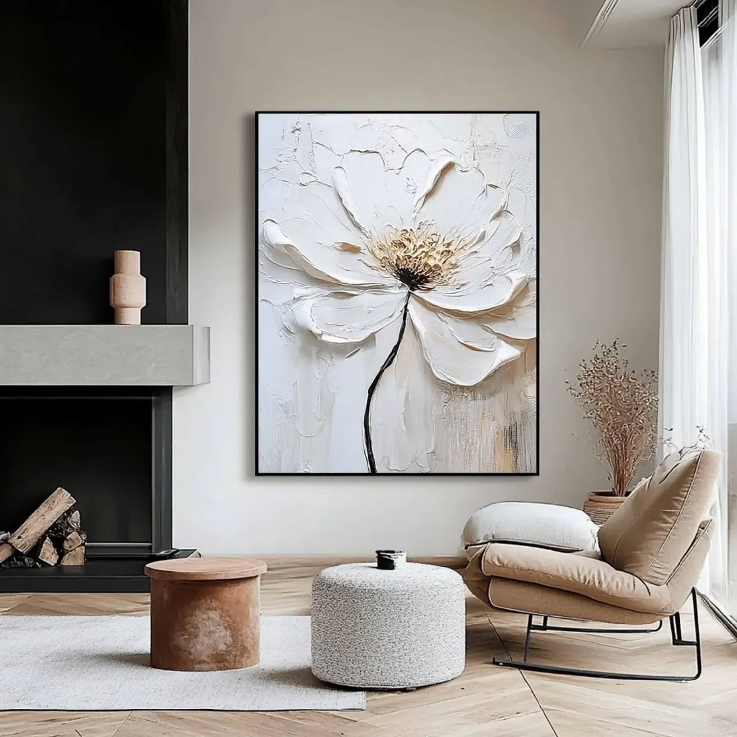 White Flower & Tree Abstract Textured Wall Art #ML129
