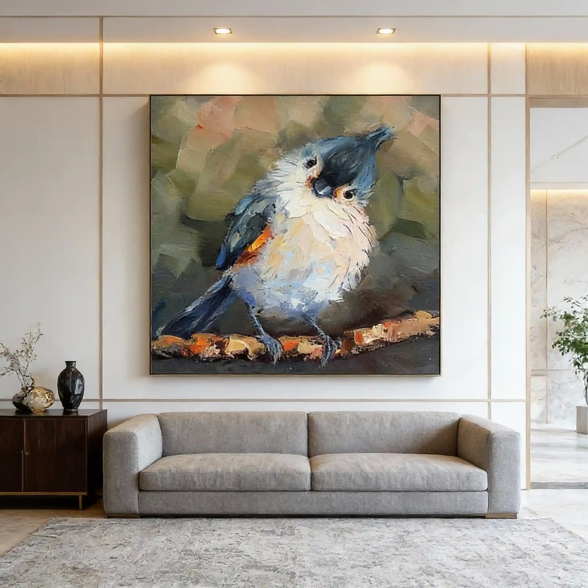 Blue & White Bird Textured Abstract Painting #AB008