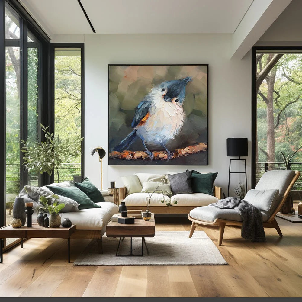 Blue & White Bird Textured Abstract Painting #AB008