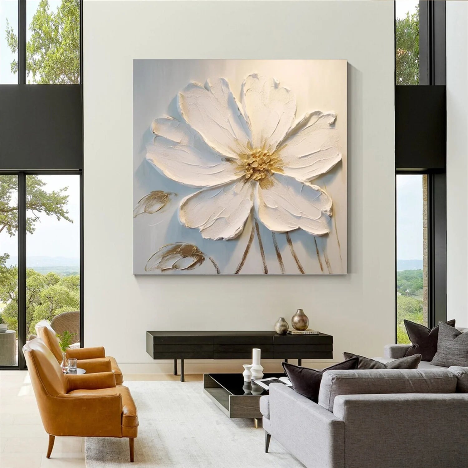 White Flower & Tree Abstract Textured Wall Art #ML136