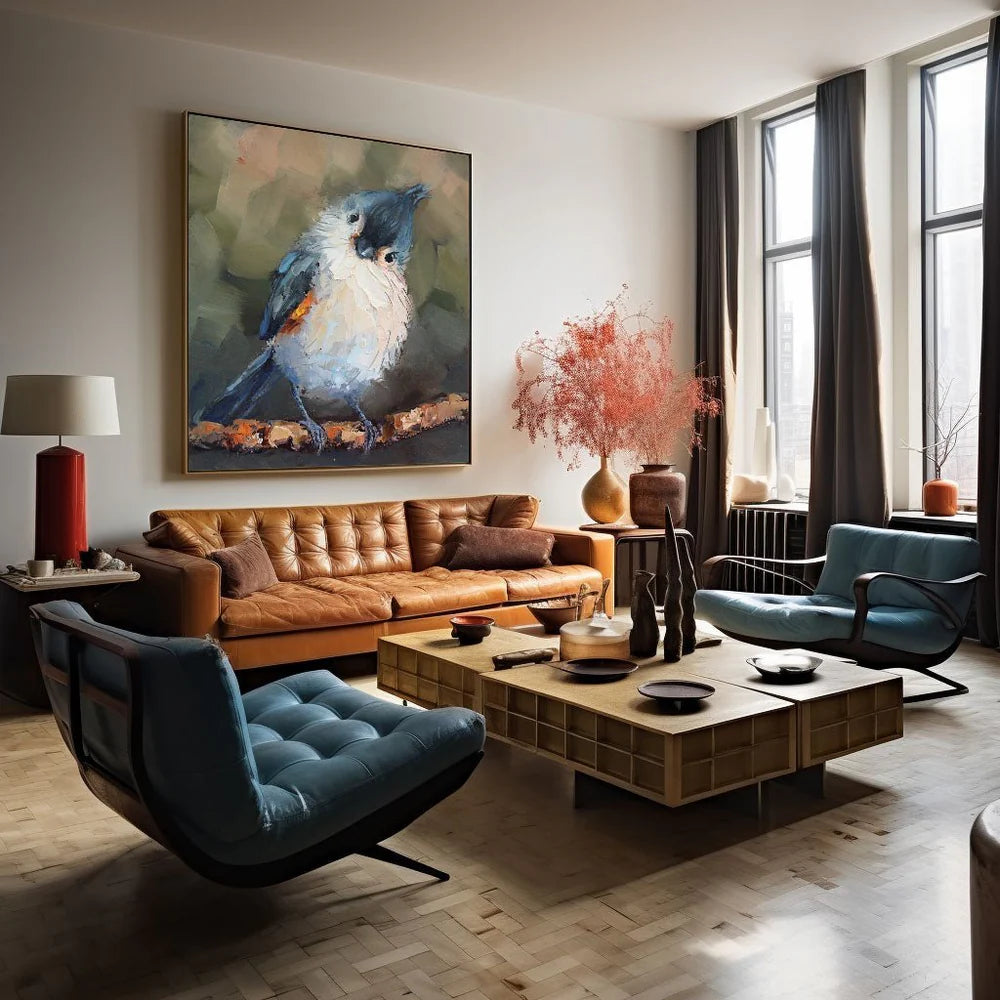 Blue & White Bird Textured Abstract Painting #AB008