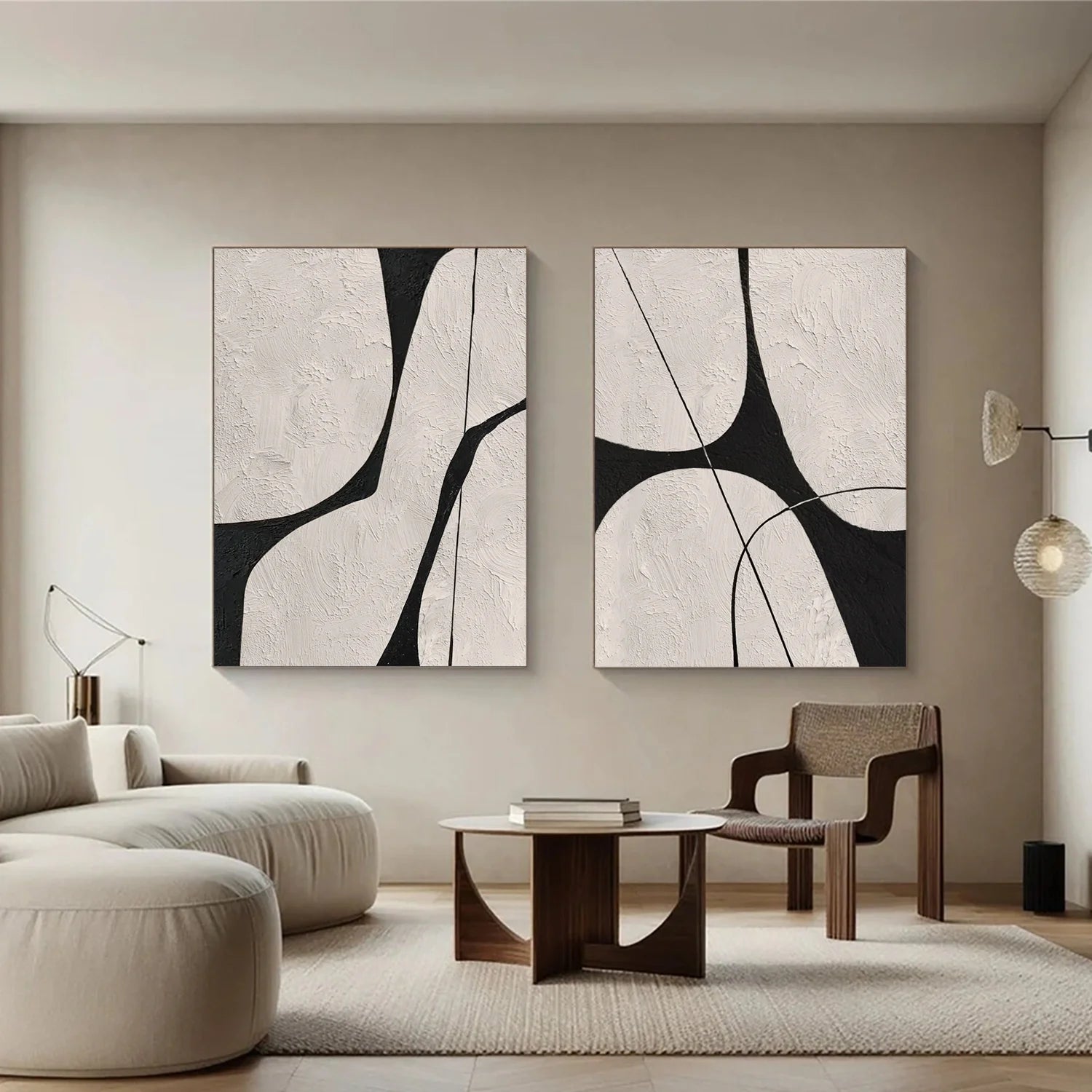 Beige & Black Abstract Textured Canvas Art Set of 2 #WS779