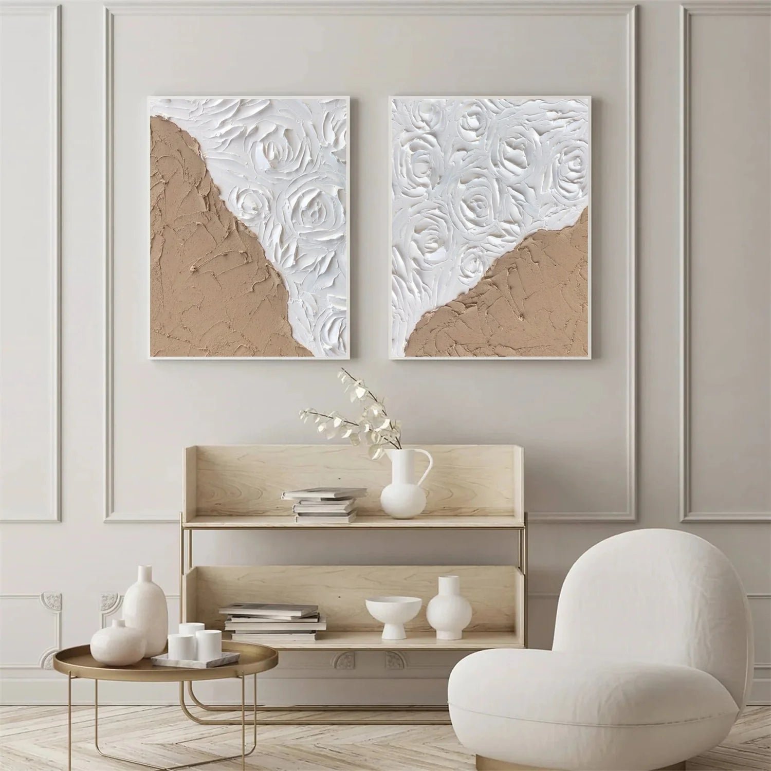 White and Brown Minimalist Textured Art Set of 2 #MM236