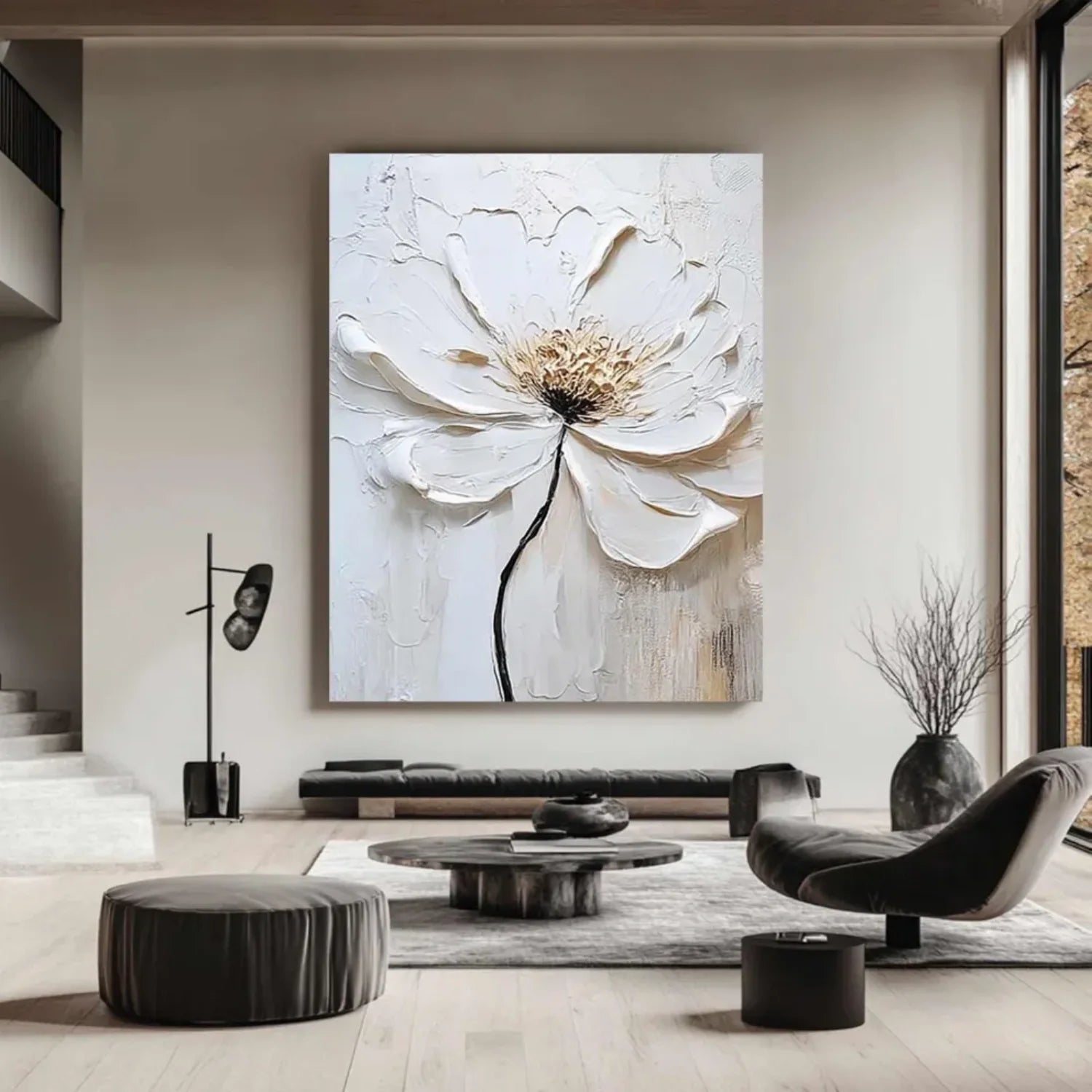 White Flower & Tree Abstract Textured Wall Art #ML129